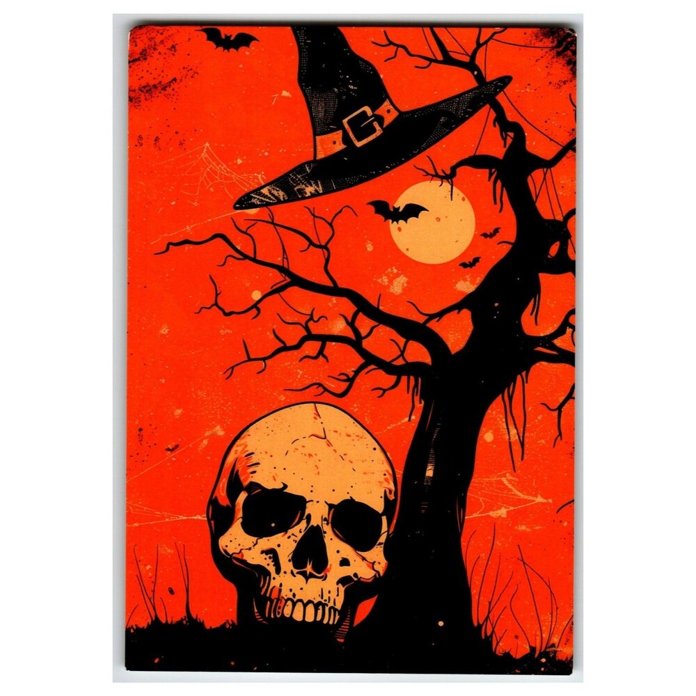 Vintage Halloween Postcard Spooky Skull Witch Hat Bats Full Moon Orange Graphic